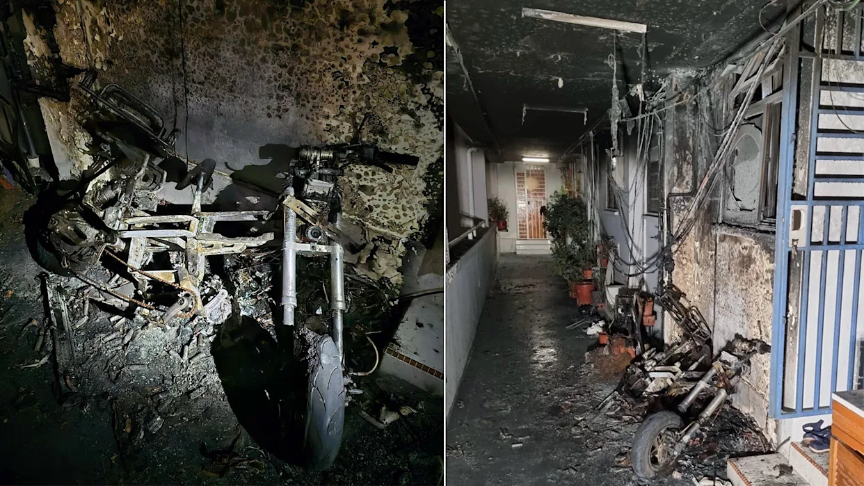 Devastating fire damage from e-bike battery fire - burned scooter and corridor damage