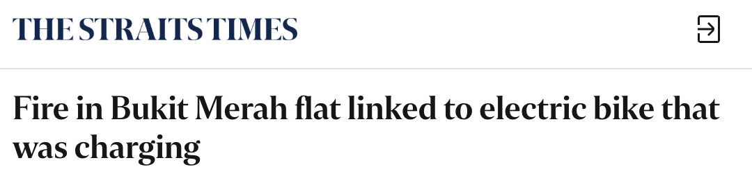 Straits Times headline about e-bike fire in Bukit Merah flat