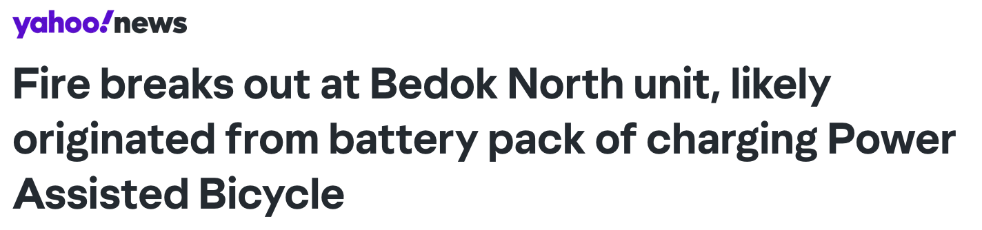 Yahoo News headline about e-bike battery fire at Bedok North